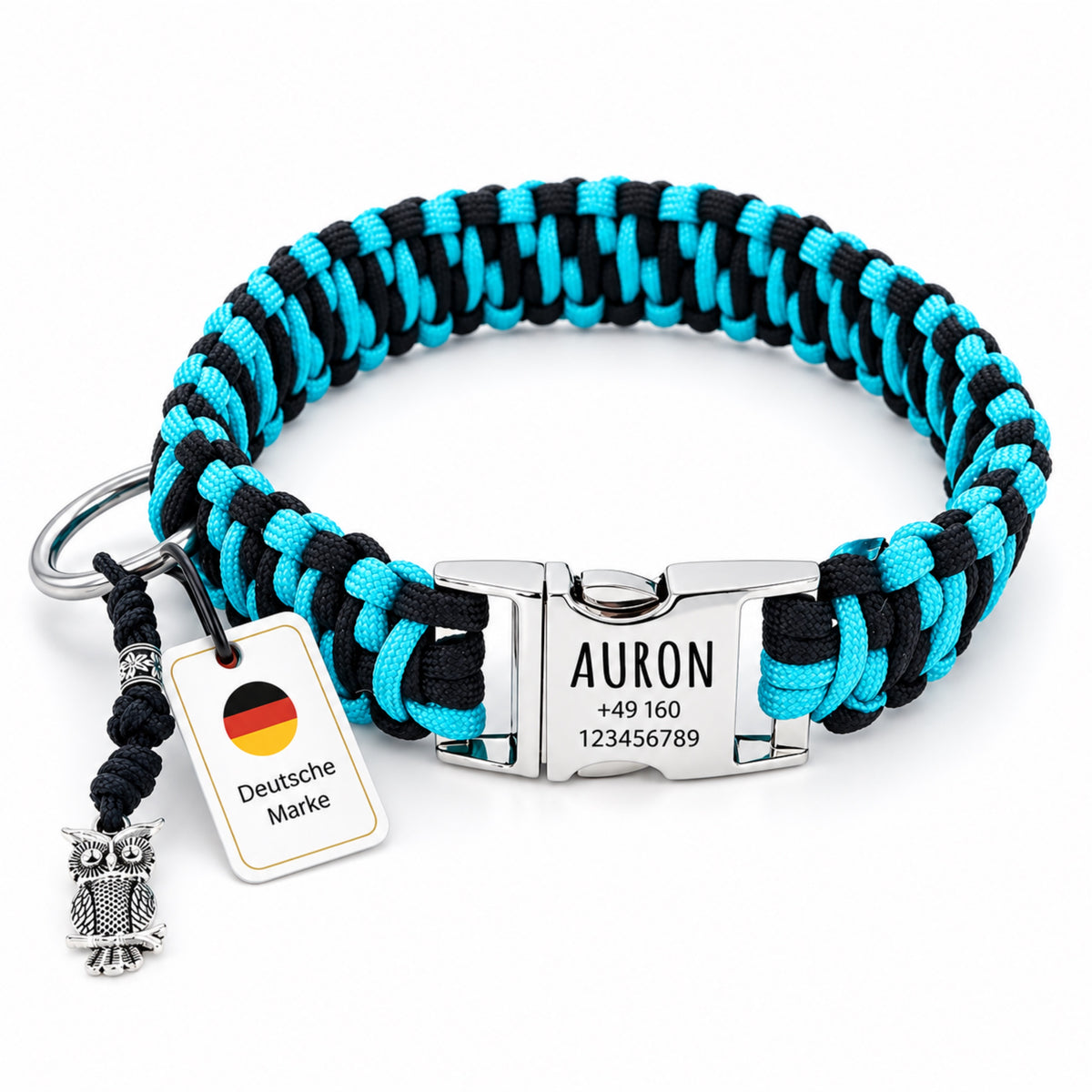 Paracord hondenhalsband "Auron" met gravure van naam en telefoon op de gesp, drie verschillende maten