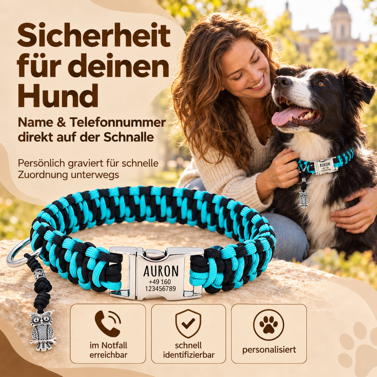 Paracord hondenhalsband "Auron" met gravure van naam en telefoon op de gesp, drie verschillende maten
