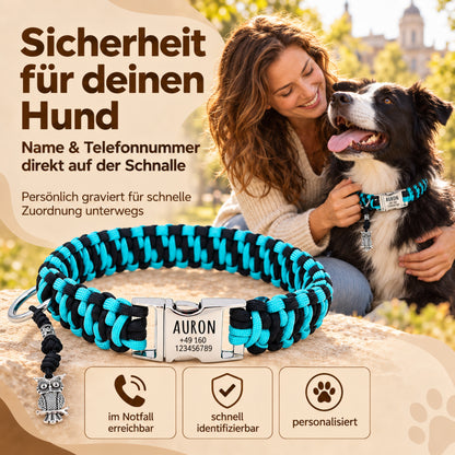 Paracord hondenhalsband "Auron" met gravure van naam en telefoon op de gesp, drie verschillende maten