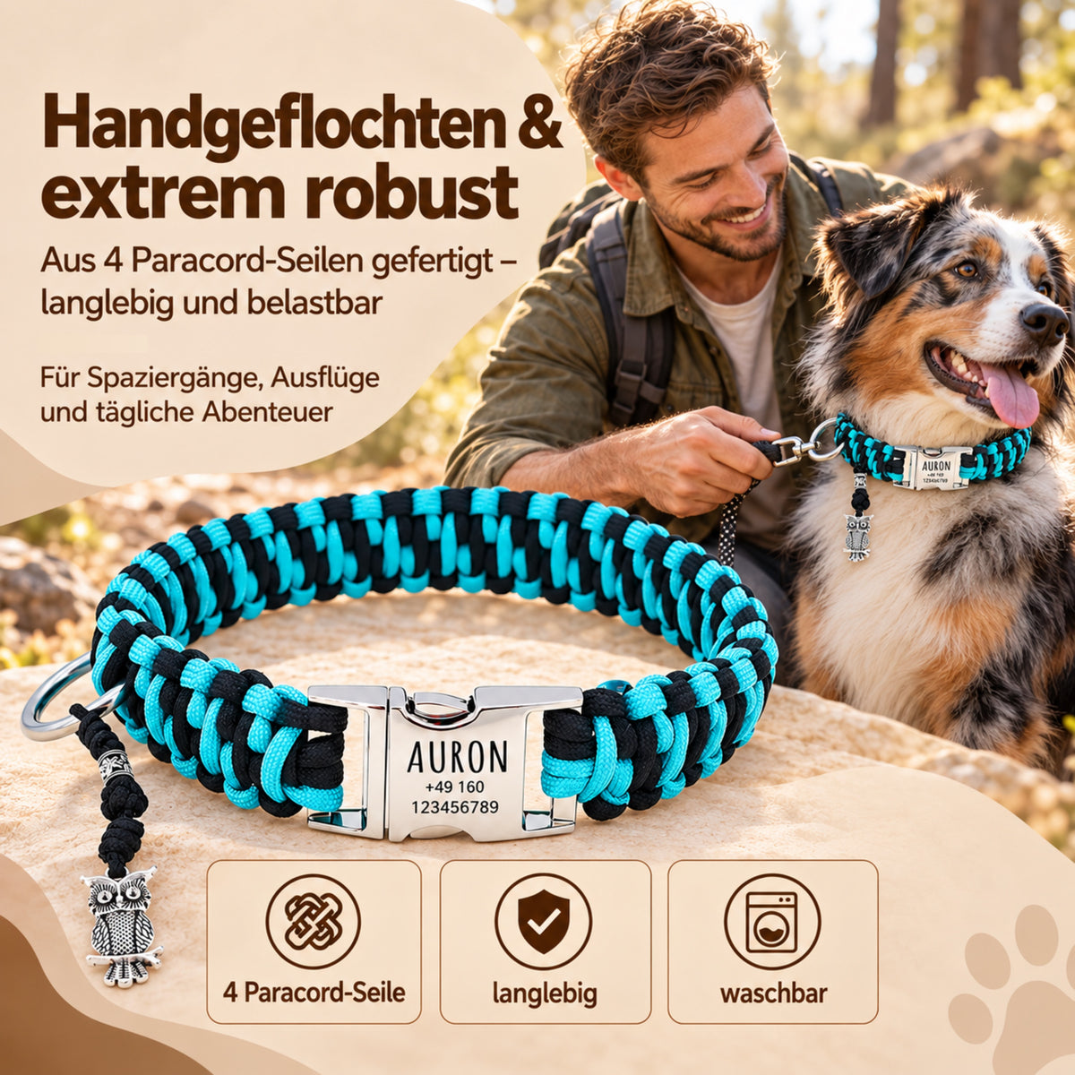 Paracord hondenhalsband "Auron" met gravure van naam en telefoon op de gesp, drie verschillende maten