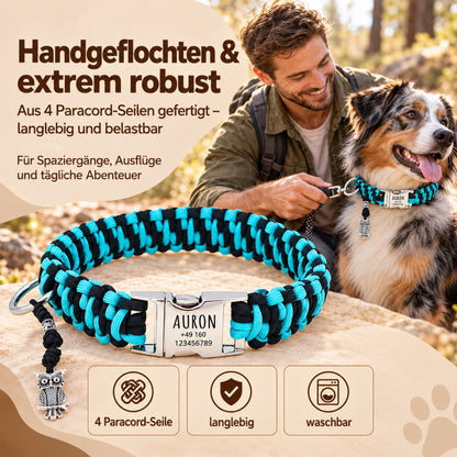 Paracord hondenhalsband "Auron" met gravure van naam en telefoon op de gesp, drie verschillende maten