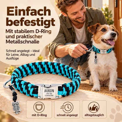Paracord hondenhalsband "Auron" met gravure van naam en telefoon op de gesp, drie verschillende maten