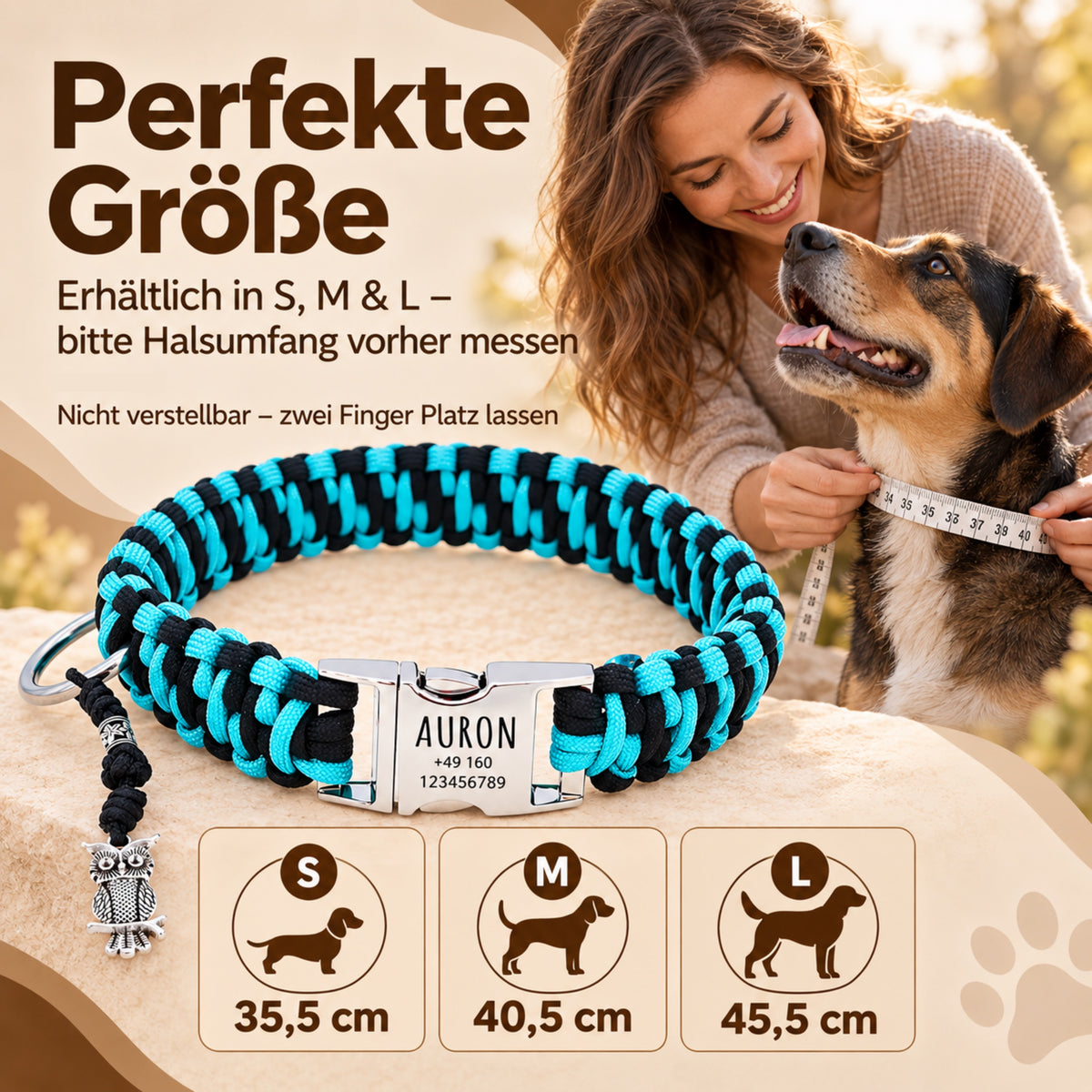 Paracord hondenhalsband "Auron" met gravure van naam en telefoon op de gesp, drie verschillende maten