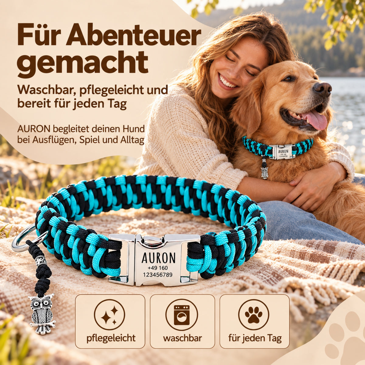 Paracord hondenhalsband "Auron" met gravure van naam en telefoon op de gesp, drie verschillende maten