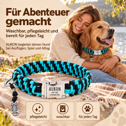Paracord hondenhalsband "Auron" met gravure van naam en telefoon op de gesp, drie verschillende maten