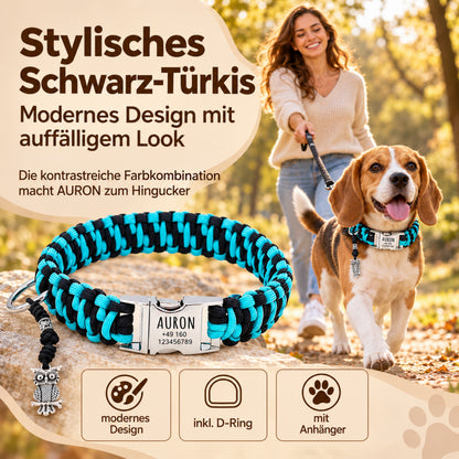 Paracord hondenhalsband "Auron" met gravure van naam en telefoon op de gesp, drie verschillende maten