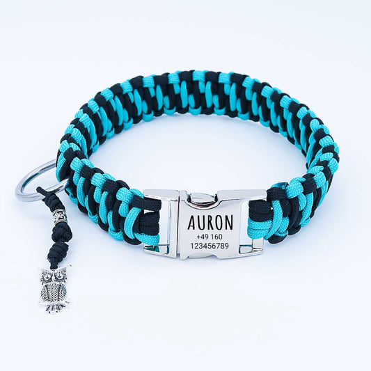 Paracord hondenhalsband "Auron" met gravure van naam en telefoon op de gesp, drie verschillende maten