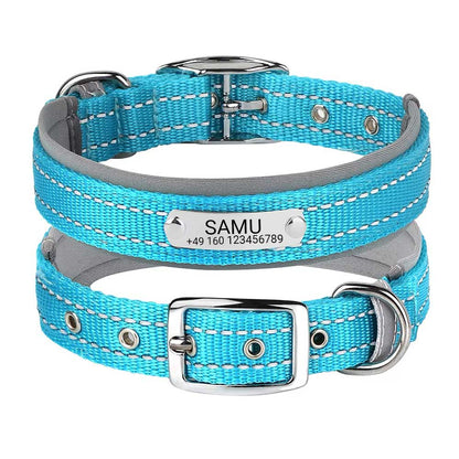 Gegraveerde hondenhalsband "Samu" met reflecterende veiligheidsstiksels. Personalisatie met naam en telefoonnummer