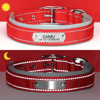 Gegraveerde hondenhalsband "Samu" met reflecterende veiligheidsstiksels. Personalisatie met naam en telefoonnummer