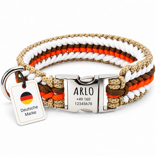 Arlo - Handgemaakte paracord hondenhalsband met gravure | Oranje-Bruin-Wit-Beige