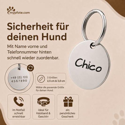 Dog tag met gravure, gepersonaliseerde naam en telefoon, rond, 25mm of 30mm in verschillende kleuren