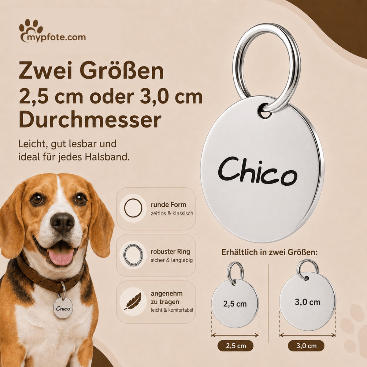 Dog tag met gravure, gepersonaliseerde naam en telefoon, rond, 25mm of 30mm in verschillende kleuren