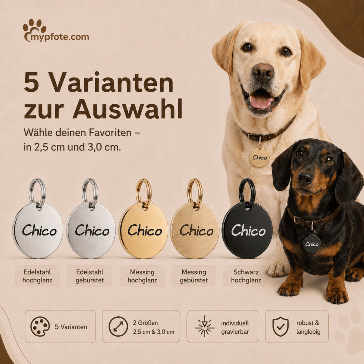 Dog tag met gravure, gepersonaliseerde naam en telefoon, rond, 25mm of 30mm in verschillende kleuren
