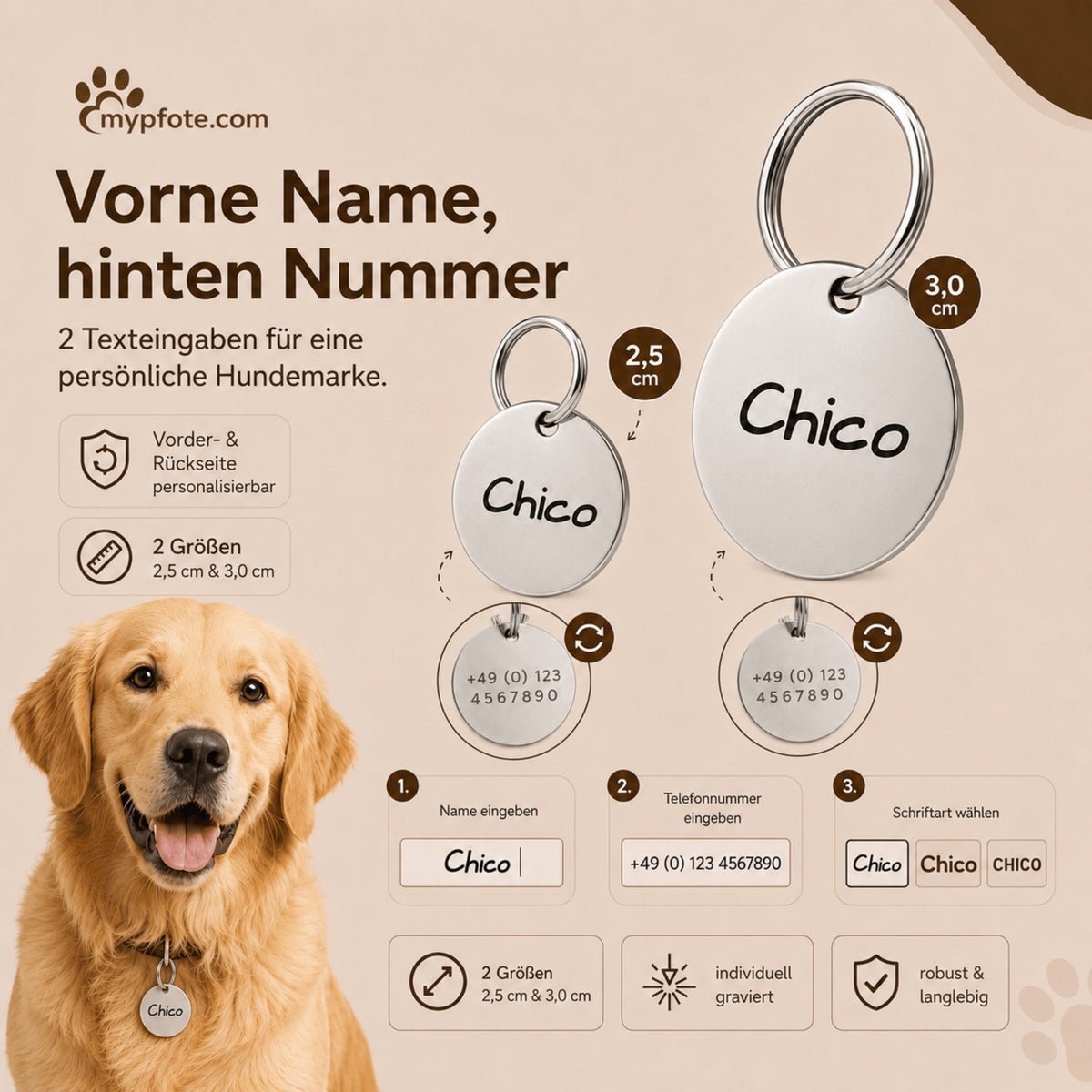 Dog tag met gravure, gepersonaliseerde naam en telefoon, rond, 25mm of 30mm in verschillende kleuren