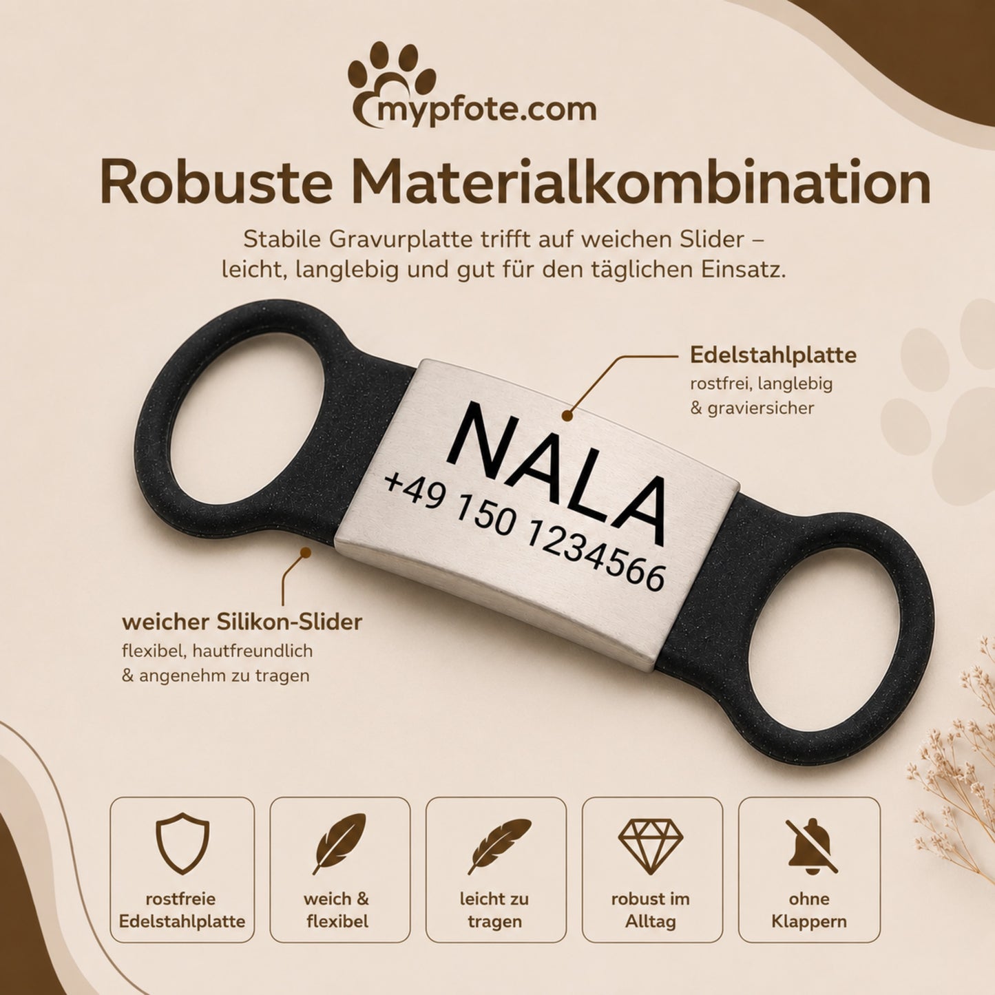 Rammelvrije dog tag siliconen schuifstuk met roestvrij stalen label voor halsbanden incl. GRATIS gravure