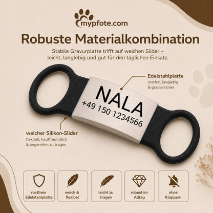 Rammelvrije dog tag siliconen schuifstuk met roestvrij stalen label voor halsbanden incl. GRATIS gravure
