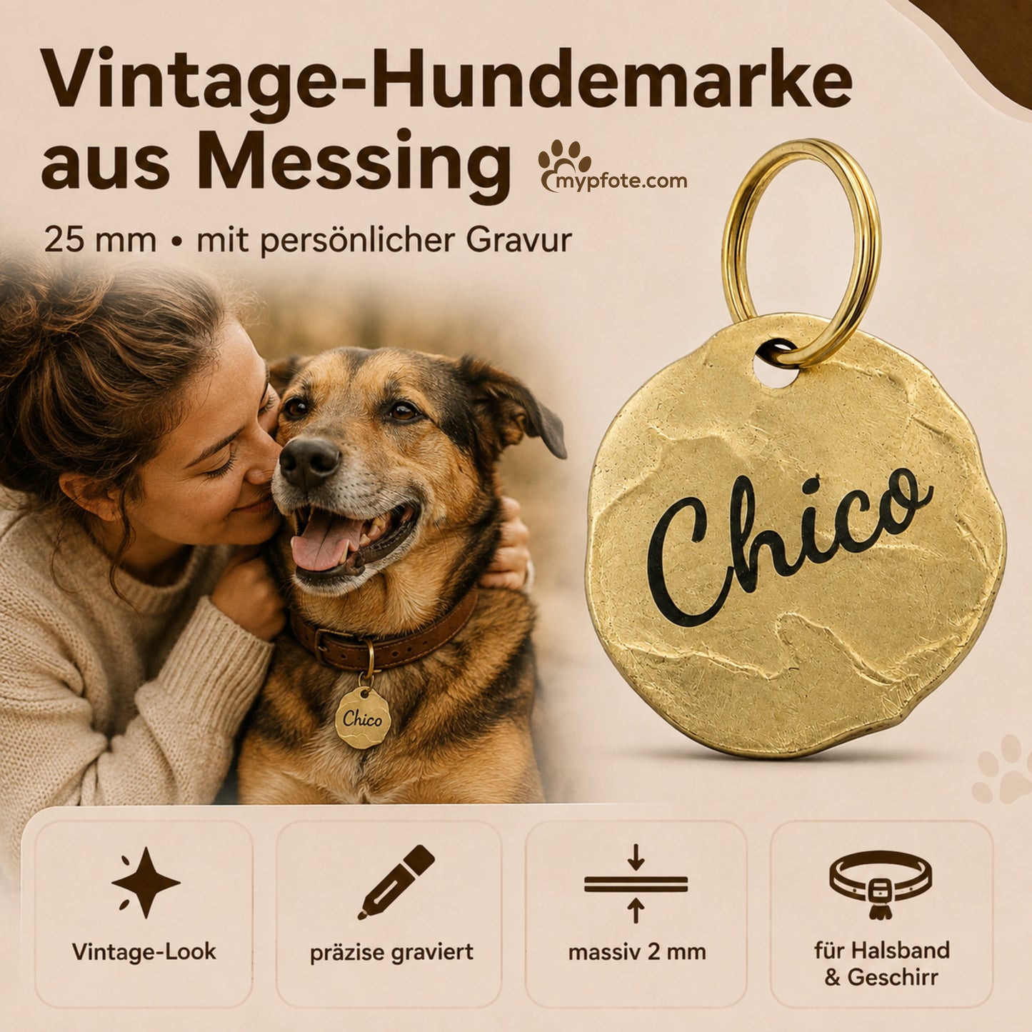 Extravagant vintage dog tag gepersonaliseerd met gravure, materiaal messing, 25mm