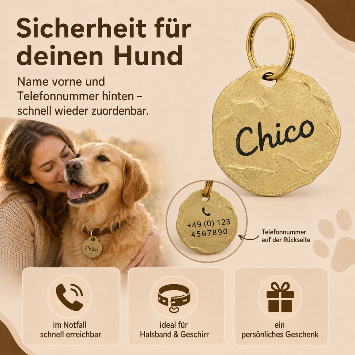 Extravagant vintage dog tag gepersonaliseerd met gravure, materiaal messing, 25mm