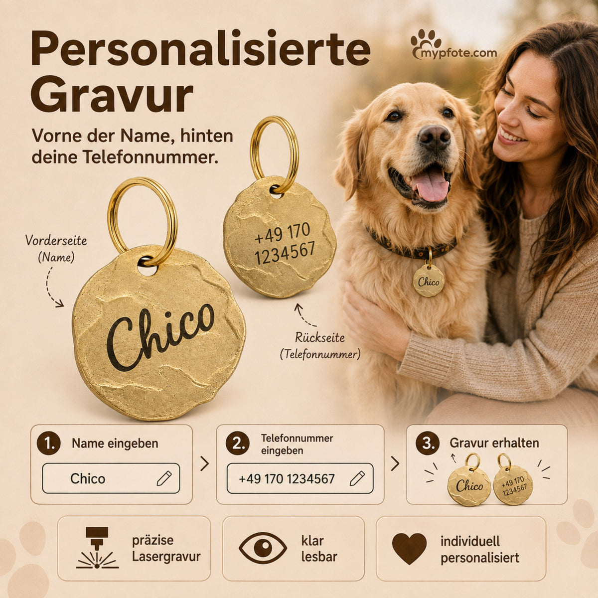Extravagant vintage dog tag gepersonaliseerd met gravure, materiaal messing, 25mm