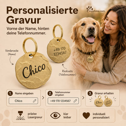 Extravagant vintage dog tag gepersonaliseerd met gravure, materiaal messing, 25mm