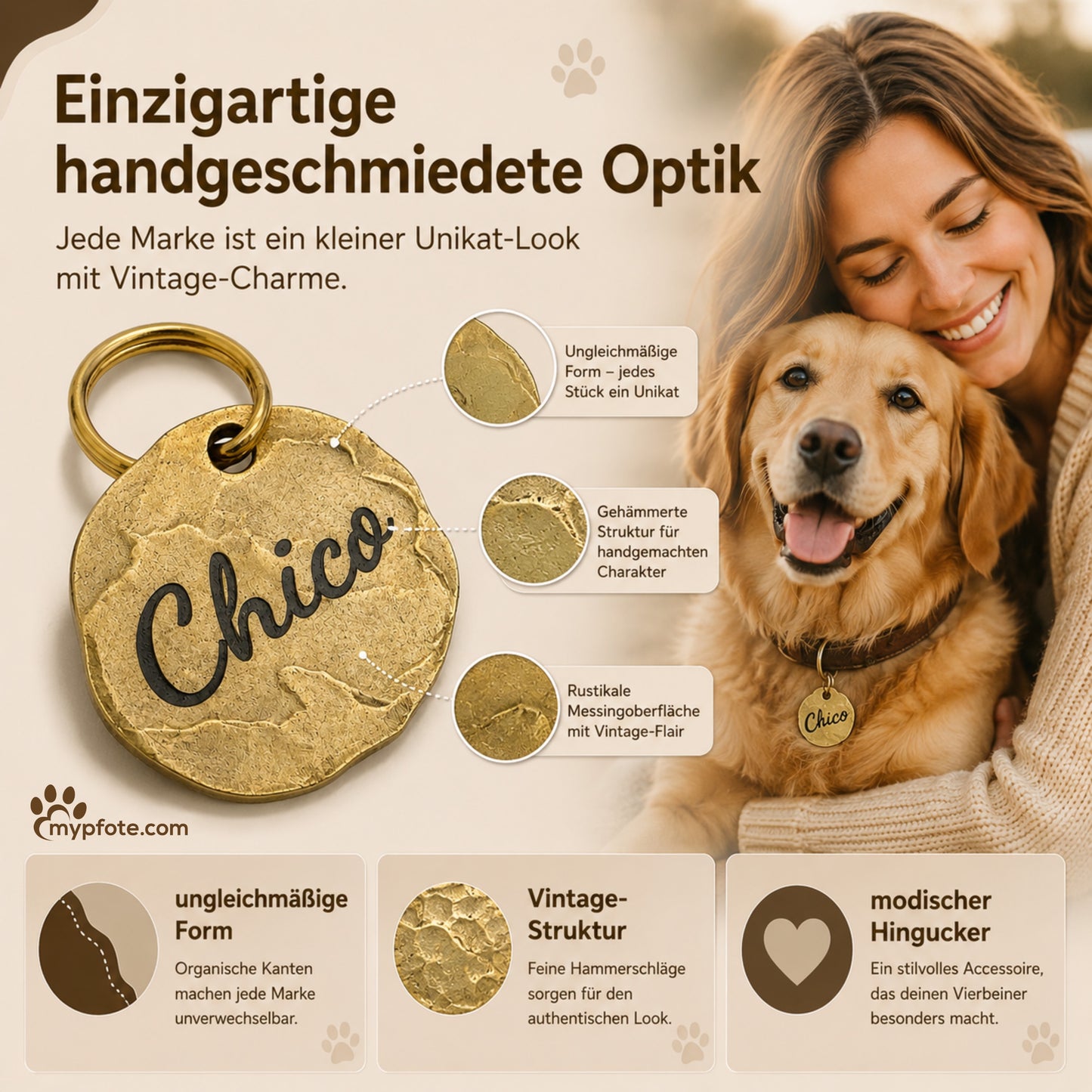 Extravagant vintage dog tag gepersonaliseerd met gravure, materiaal messing, 25mm