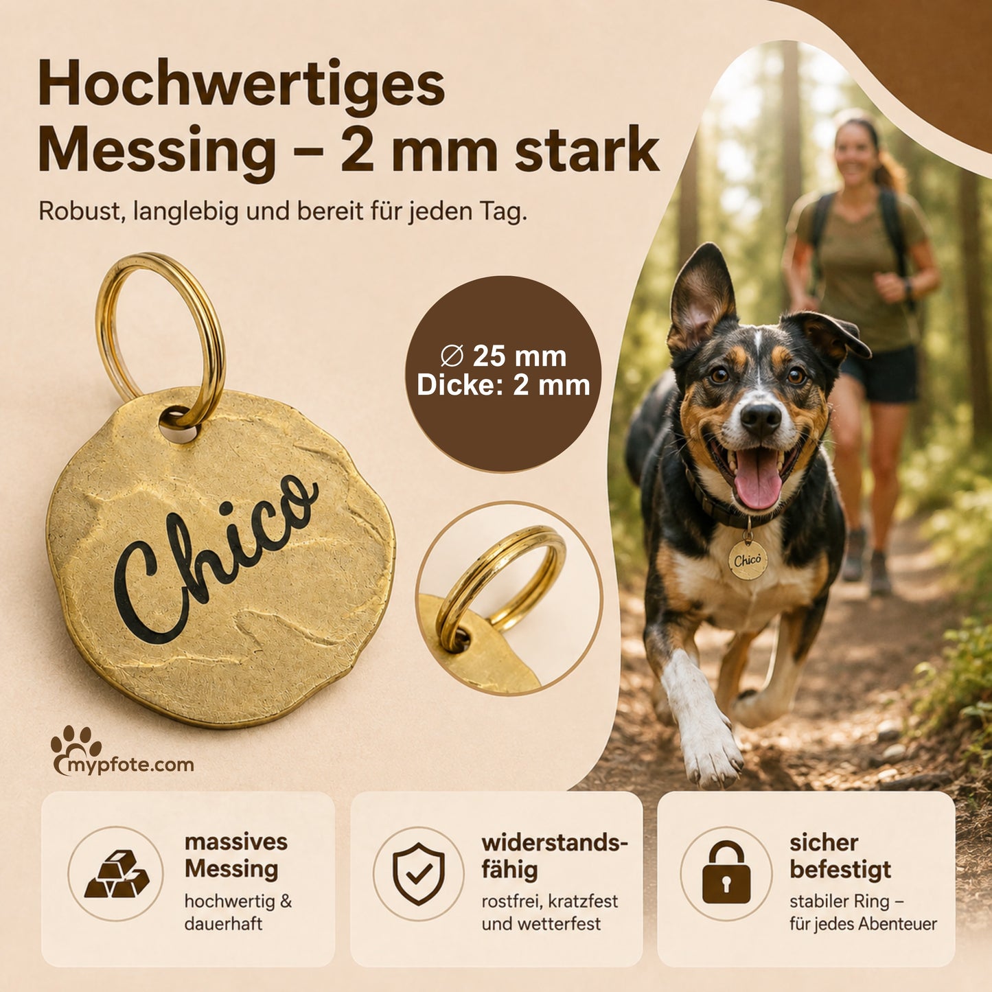 Extravagant vintage dog tag gepersonaliseerd met gravure, materiaal messing, 25mm