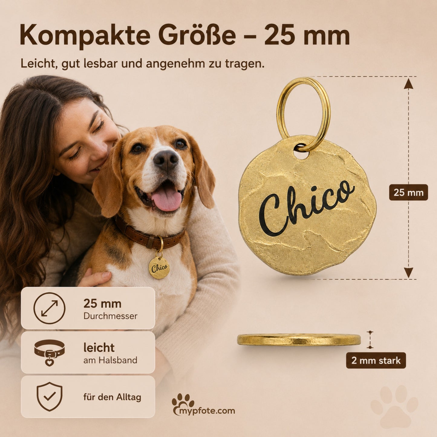 Extravagant vintage dog tag gepersonaliseerd met gravure, materiaal messing, 25mm