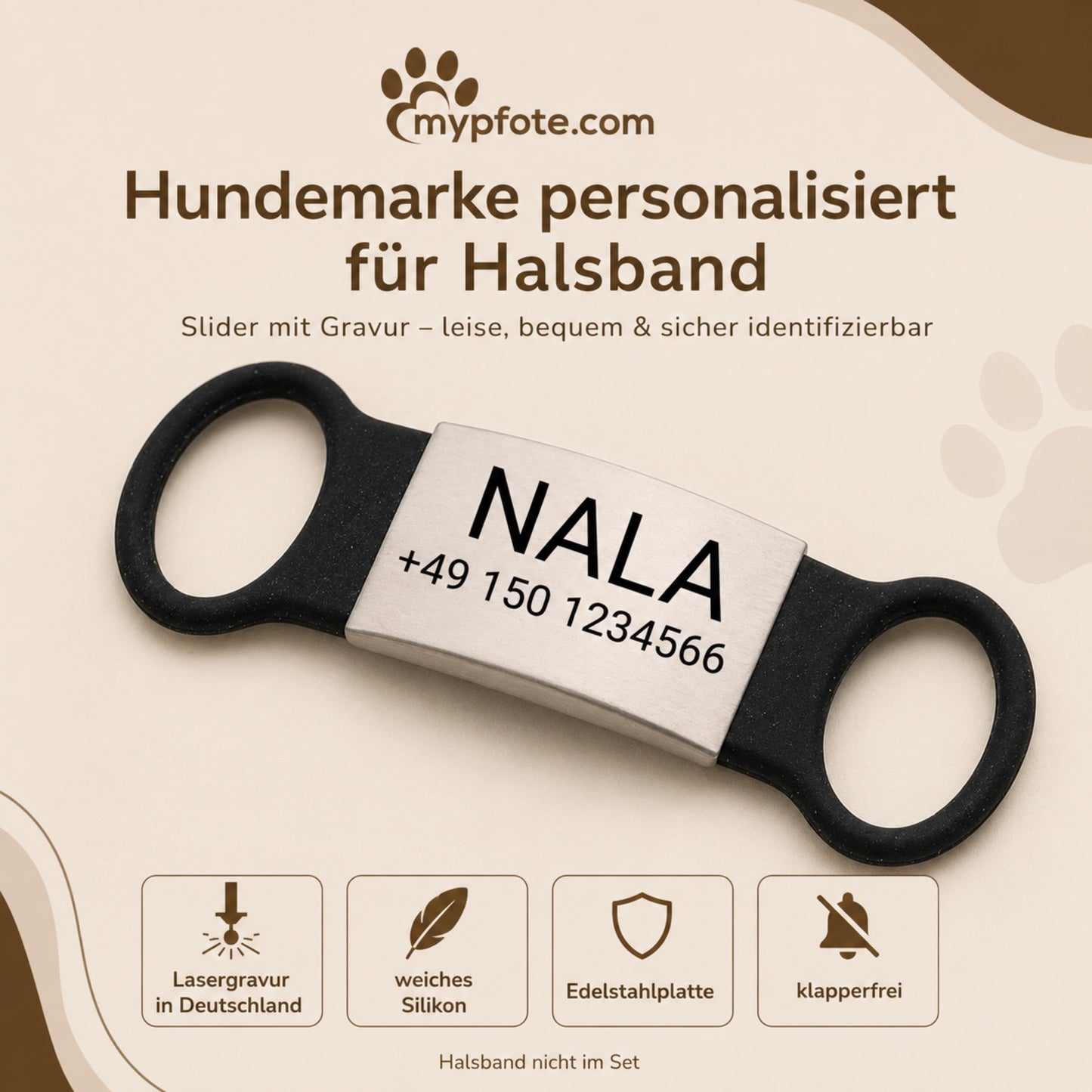 Rammelvrije dog tag siliconen schuifstuk met roestvrij stalen label voor halsbanden incl. GRATIS gravure