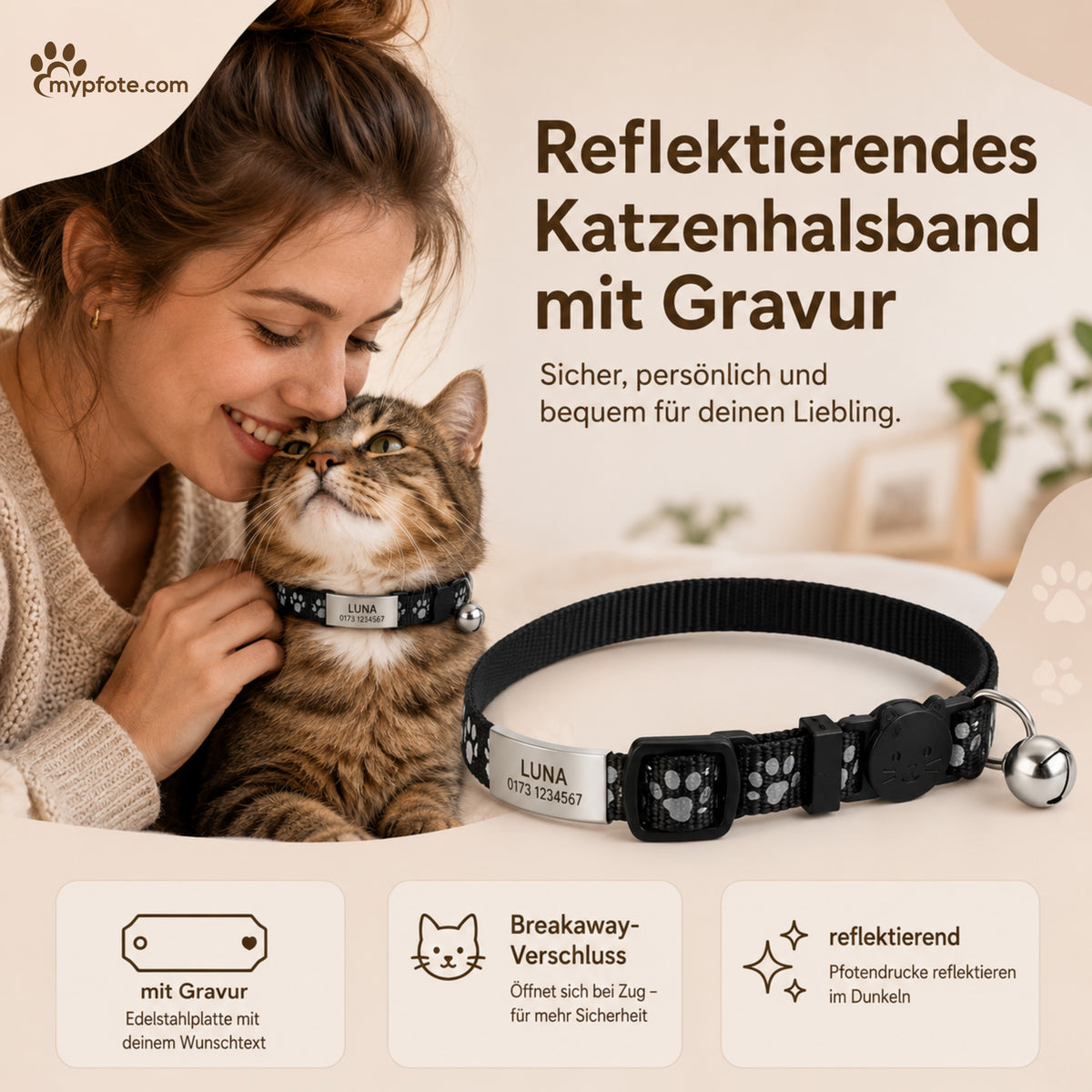 Kattenhalsband gegraveerd met naam en telefoonnummer