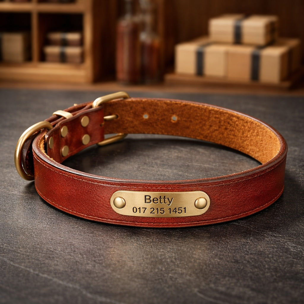 Leren hondenhalsband met goudkleurig merk, gegraveerde naam en telefoon