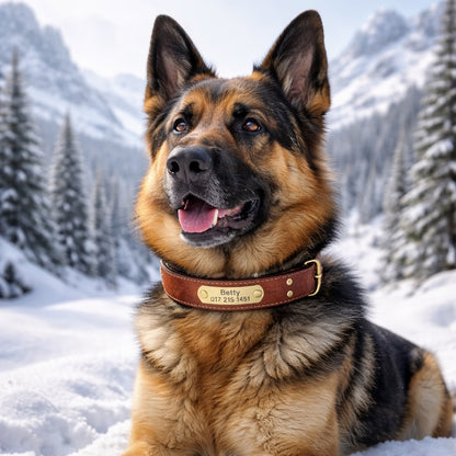 Leren hondenhalsband met goudkleurig merk, gegraveerde naam en telefoon