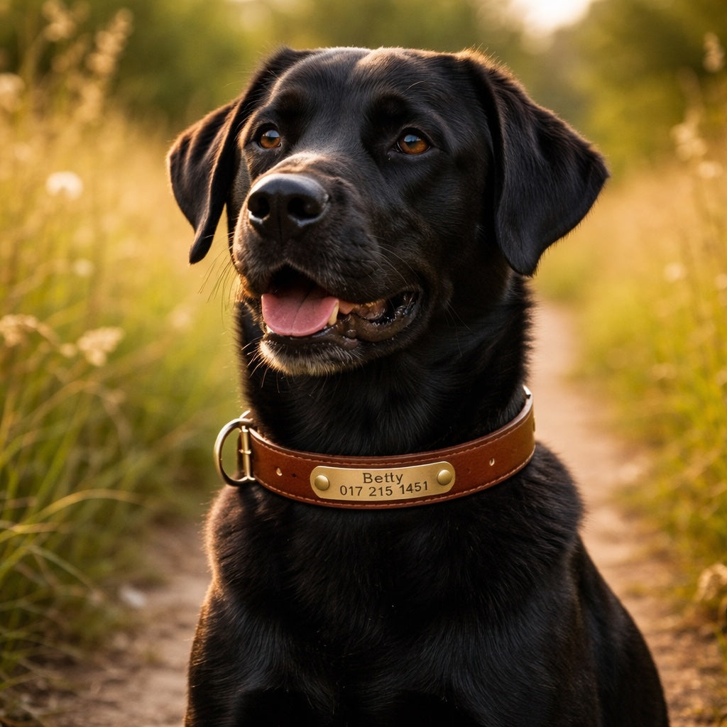 Leren hondenhalsband met goudkleurig merk, gegraveerde naam en telefoon