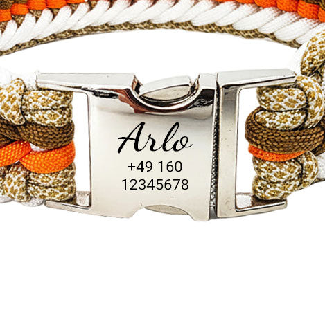 Arlo - Handgemaakte paracord hondenhalsband met gravure | Oranje-Bruin-Wit-Beige