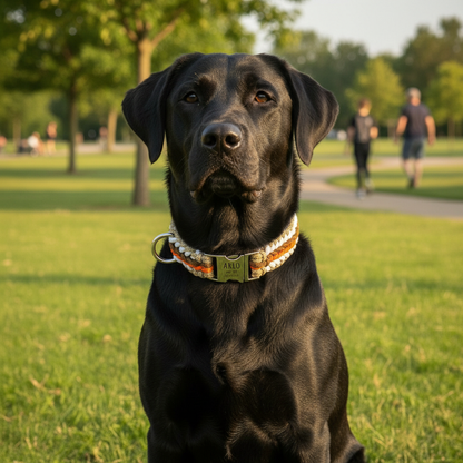 Arlo – Handgefertigtes Paracord Hundehalsband mit Gravur | Orange-Braun-Weiß-Beige