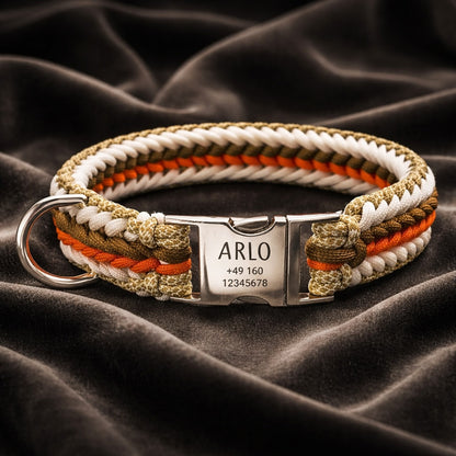 Arlo - Handgemaakte paracord hondenhalsband met gravure | Oranje-Bruin-Wit-Beige