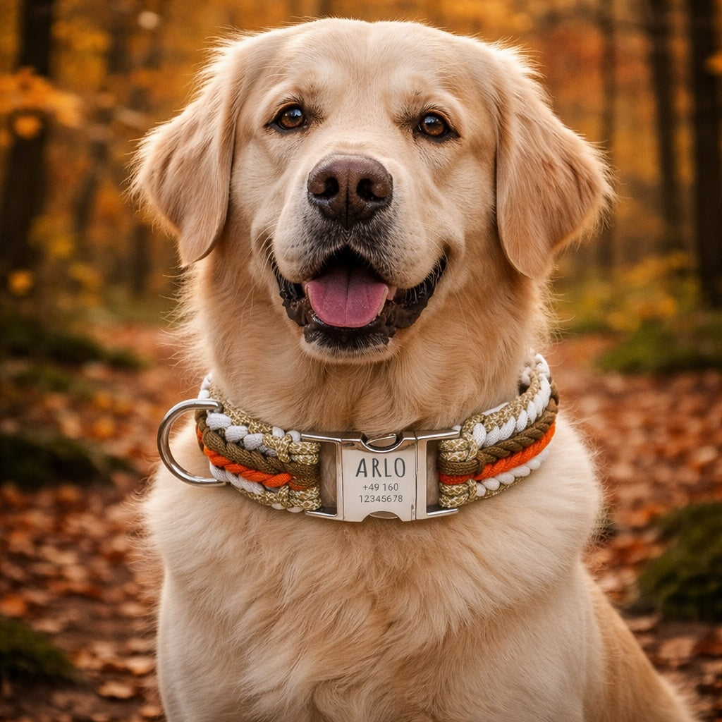 Arlo - Handgemaakte paracord hondenhalsband met gravure | Oranje-Bruin-Wit-Beige