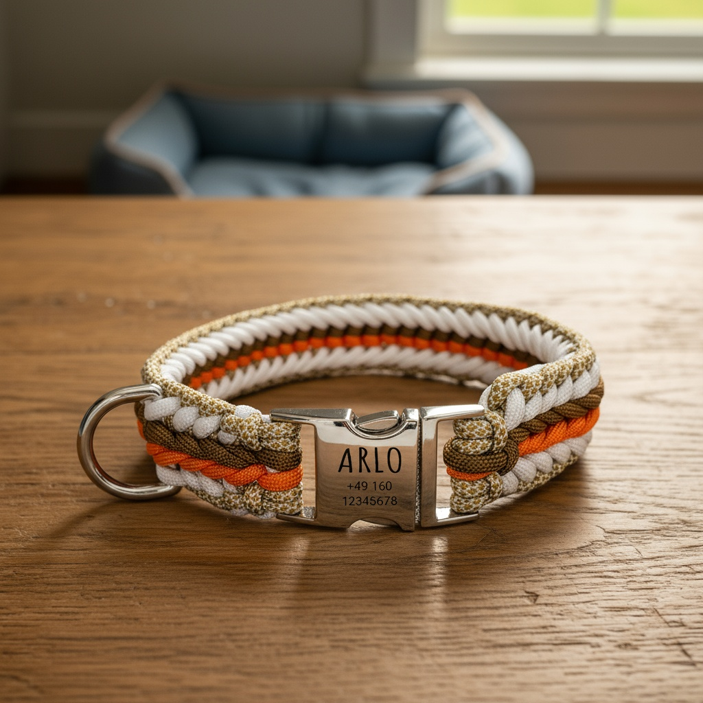 Arlo – Handgefertigtes Paracord Hundehalsband mit Gravur | Orange-Braun-Weiß-Beige